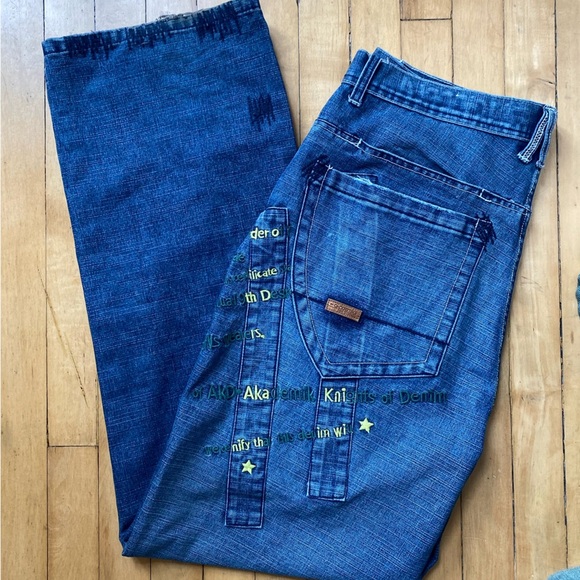 Vintage Akademiks Men's Blue Jeans Patchwork Embroidered Jeans size 36 Y2K - Picture 1 of 9